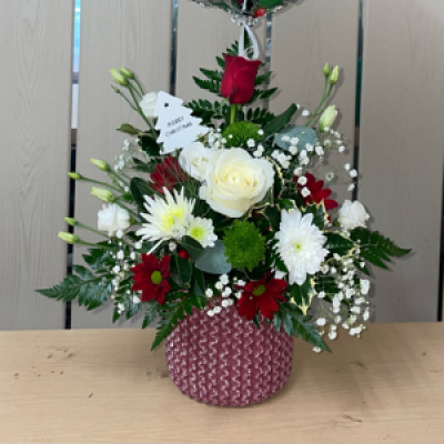 Red pot front facing - A red crochet pot arrangement front facing in reds,whites and greens - photo is a £25 one