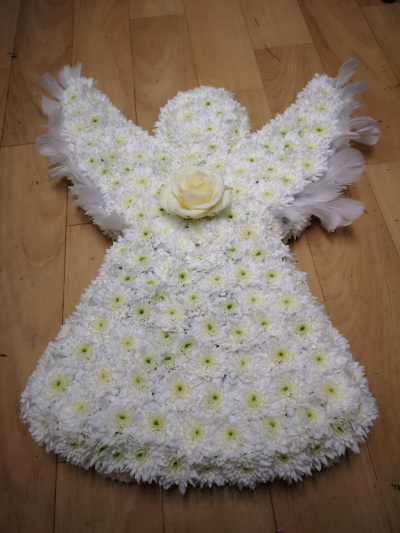 ANGEL FUNERAL TRIBUTE - This Angel shaped funeral tribute can have coloured  ribbon around the edge and small posies of flowers
