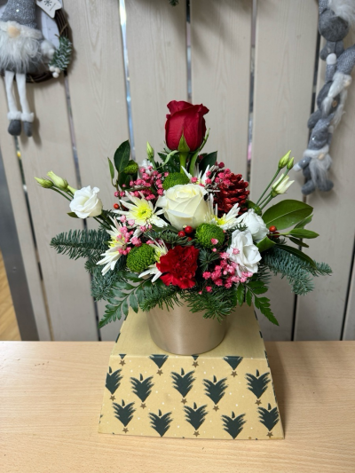 Gold Xmas pot arrangement - A flower arrangement for Christmas